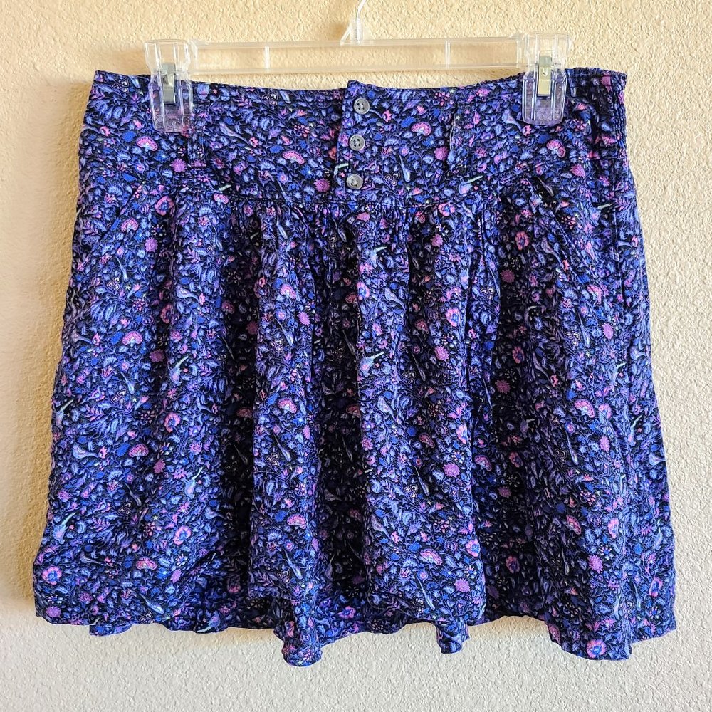 American Eagle Elastic Waist Button Up Navy Blue Flowered Juniors Mini Skirt L